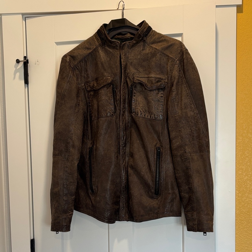 Men’s Overland Brown Leather Zipper Jacket by Size Large Slim Fit
